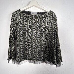 Carol Anderson Womens Leopard Print Bot Neck Fringe Hem Top Medium Green/Black